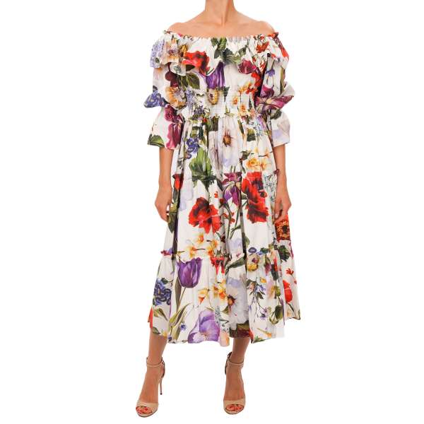 Cotton dress with wild colorful flowers print in white, purple, red and green by DOLCE & GABBANA