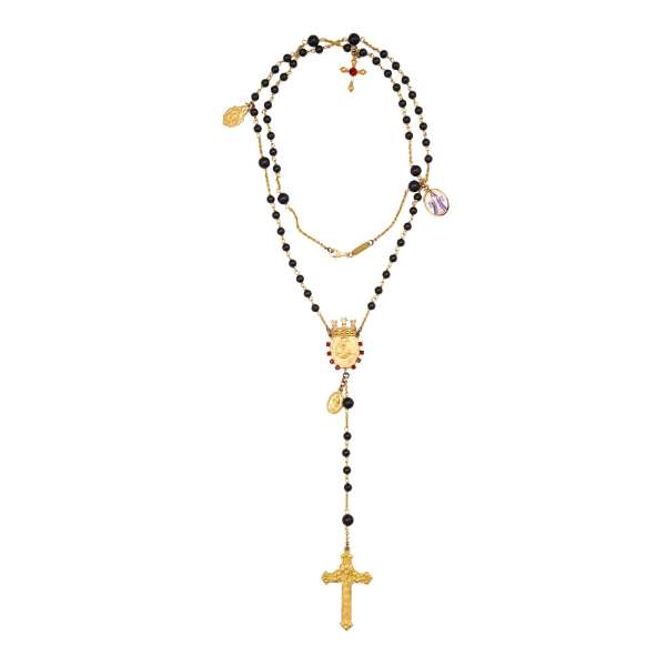 Rosario Chain necklace with Cross, Saints pendants, crystal crown and natural stones pearls in gold and black by DOLCE & GABBANA