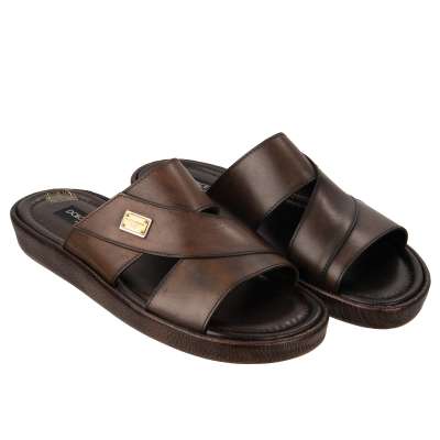 Slide Sandalen aus Leder MEDITERRANEO mit Logo Dunkel Braun