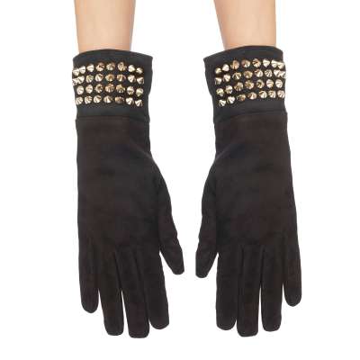 Lady Studded Suede Leather Cashmere Gloves Black Gold 8.5