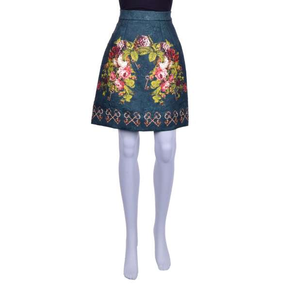 Silk Jacquard skirt with flowers and golden keys print by DOLCE & GABBANA Black Label