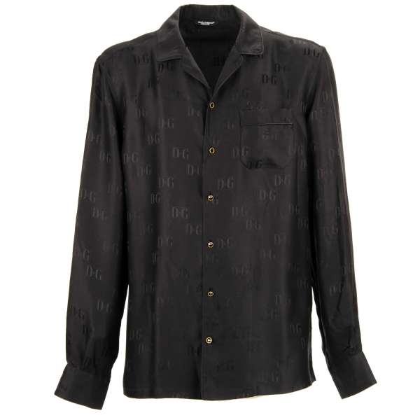 Silk shirt with DG logo pattern and crystal buttons in black by DOLCE & GABBANA 