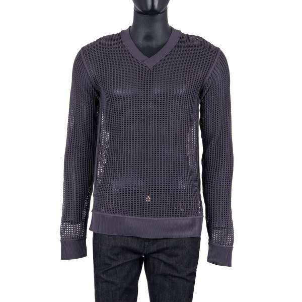 Knitted Net Structure Cotton V-Neck Sweater in gray by DOLCE & GABBANA Black Label