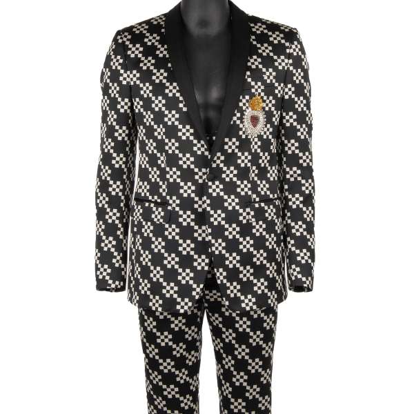 3 piece checked pattern suit with crystals sacred heart brooch in black and white by DOLCE & GABBANA 