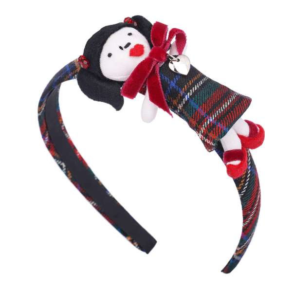 Checked Hairband embelished with Doll, Heart pendant and Crystals in Red and Black by DOLCE & GABBANA