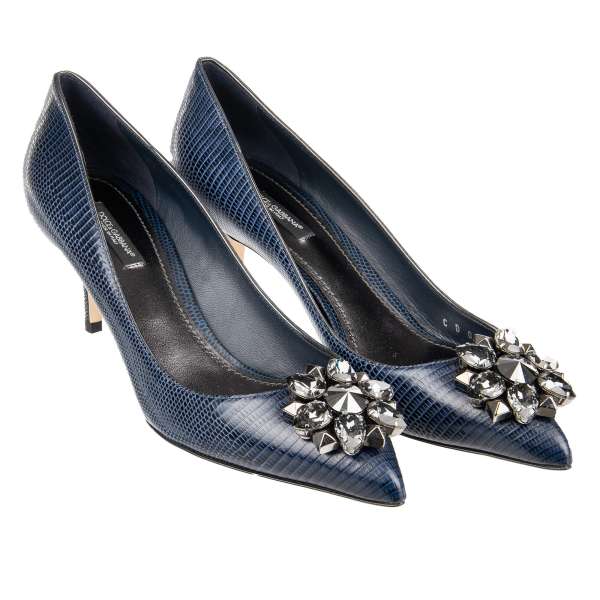 Pointed iguana print leather Pumps BELLUCCI with crystals brooch in blue by DOLCE & GABBANA