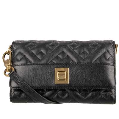 Unique Quilted Leather Tri-Fold Clutch Shoulder Bag with Wallet Black