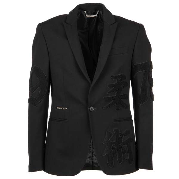 Blazer SPECIAL TWO with embroidered hieroglyphs, embroidered logo on leather at the back and logo in front by PHILIPP PLEIN