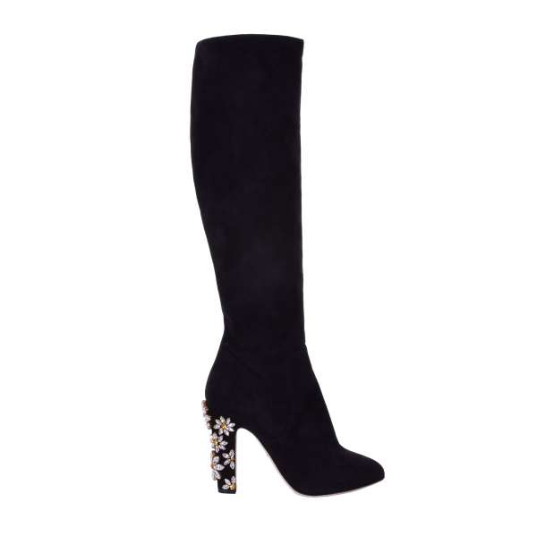 Knee-High soft suede boots COCO with crystals embroidered heel and zip fastening by DOLCE & GABBANA Black Label