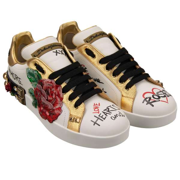 Women Leather Sneaker PORTOFINO with sequined Rose Embroidery, DG Logo, hand painted roses, studs and crystals in white, gold and red by DOLCE & GABBANA