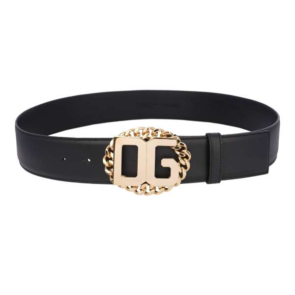 Calf leather belt with DG chain metal buckle in black and gold by DOLCE & GABBANA