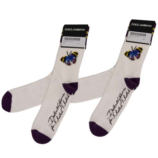Zwei Paar Unisex Sneaker Socken mit besticktem Schmetterling und DG Logo in Weiß und Lila von DOLCE & GABBANA x KHALED KHALED