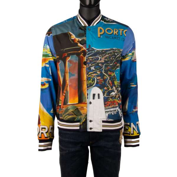 Baroque and Majolica motive printed bomber jacket made of silk with Logo details by DOLCE & GABBANA
