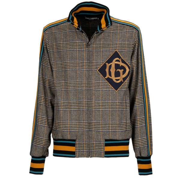 Tartan check printed virgin wool jacket with a large DG logo application, knitted details, zip closure and zip pockets by DOLCE & GABBANA