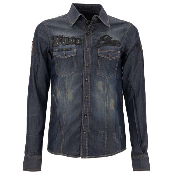 MARLON Jeans / Denim Hemd mit Skull 78 Patch und zwei Taschen vorne in Blau von PHILIPP PLEIN