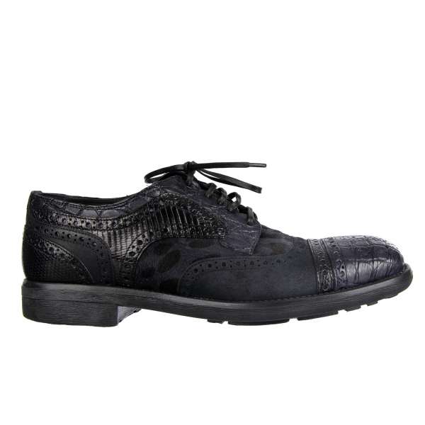 Patchwork caiman, lizard, calf leather and fur derby shoes MILANO by DOLCE & GABBANA
