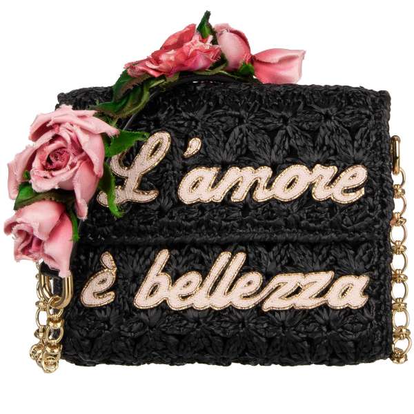 Woven Raffia Clutch / Crossbody / Shoulder Bag DG MILLENNIALS with embroidered "L'amore e bellezza" lettering, with flowers embellished handle and chain strap by DOLCE & GABBANA