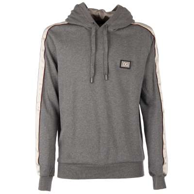 Hoodie Sweater with DG Logo Plate and Sleeve Stripes Gray White