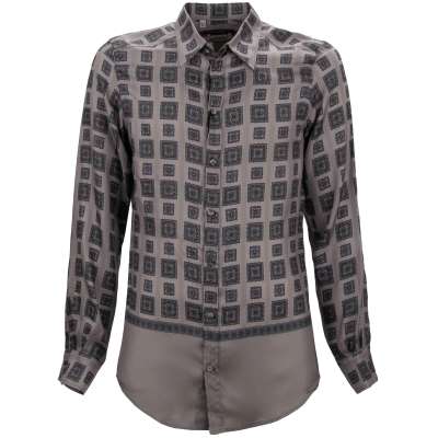 Slim Fit Geometric Pattern Silk Shirt GOLD Gray 39 S