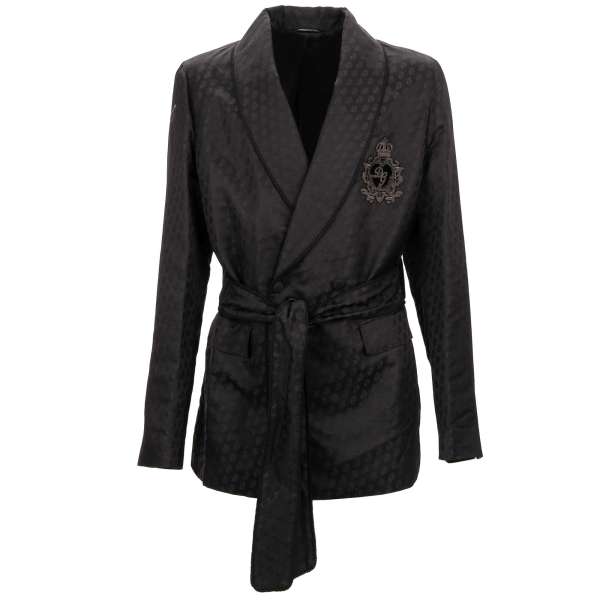 Floral silk jacquard Robe / Blazer with DG crown embroidery and belt fastening in black by DOLCE & GABBANA