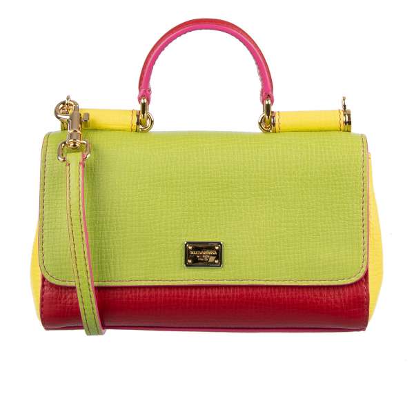 Soft Calf Leather Tote / Shoulder Bag MISS SICILY Mini in baguette shape with pockets in green / red / yellow colors by DOLCE & GABBANA