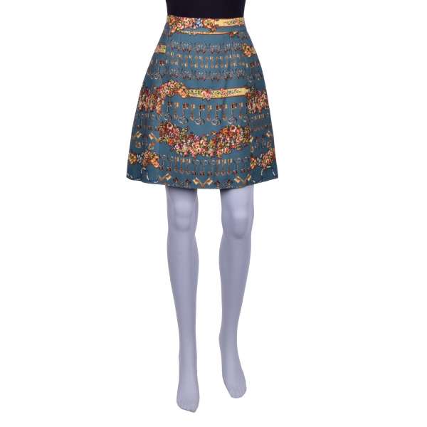 Wool and Silk skirt with gold keys and flowers print by DOLCE & GABBANA Black Label