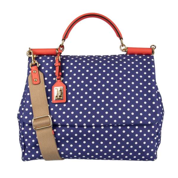 Large Tote / Shoulder bag SICILY made of canvas with polka dot print and logo plate pendant by DOLCE & GABBANA