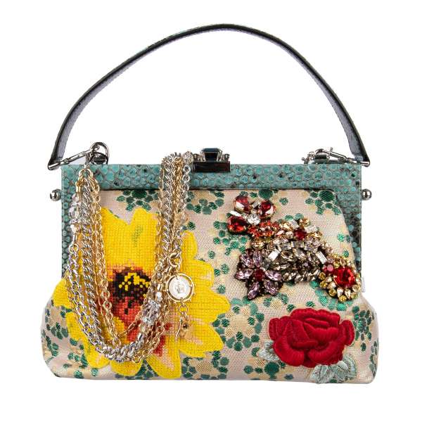 Clutch / Abendtasche VANDA aus Blumen-Brokat und Schlangenleder mit floraler Stickerei beschmückt mit Kristallen and Pailletten von DOLCE & GABBANA Black Label