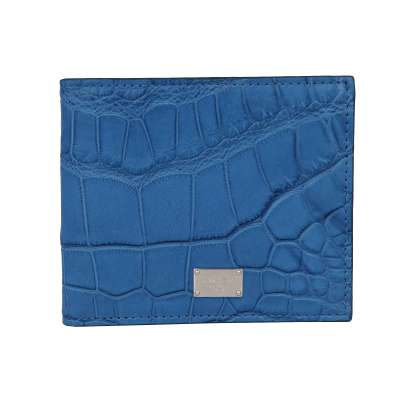 Crocodile Leather Wallet with Logo Plate Blue