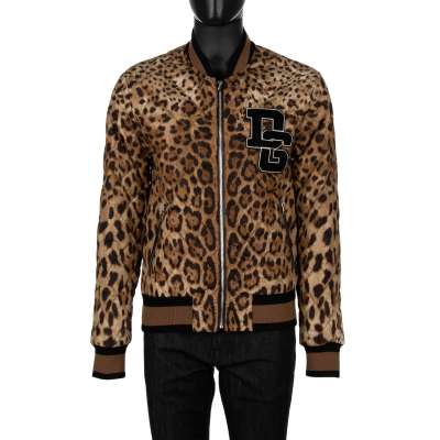Quilted Leopard Printed Nylon Bomber Jacket with DG Logo Brown Black