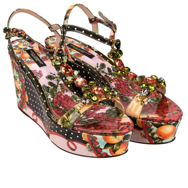 Patent leather Plateau Sandals / Wedges BIANCA embellished with multicolored crystals, oranges and geranium print in pink, green and black by DOLCE & GABBANA