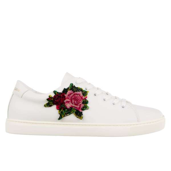 Leather Sneaker LONDON with AMORE and Rose patches in white by DOLCE & GABBANA