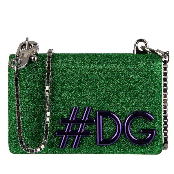 Schultertasche / Clutch DG GIRLS aus Glitzer Stoff und Leder mit großem #DG Hashtag in Lila und Kettenriemen aus Metall von DOLCE & GABBANA