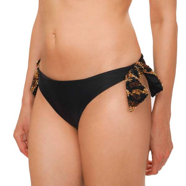 Sequins embroidered Bikini Briefs with detachable leopard printed drawstrings by ROBERTO CAVALLI Beachwear