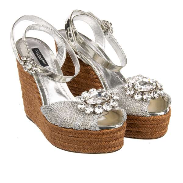Woven Plateau Sandals / Wedges BIANCA embellished with crystal brooch in silver by DOLCE & GABBANA