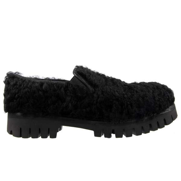 Stable fur loafer shoes in Black with leather details and a massive sole by DOLCE & GABBANA