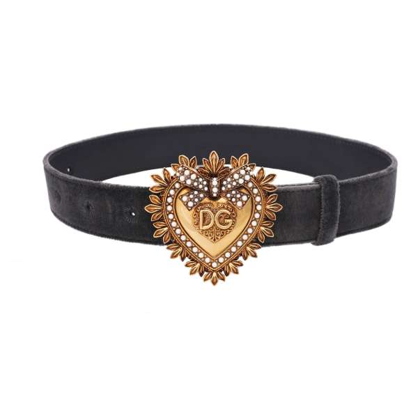 DEVOTION leather and velvet Belt embellished with Pearl Metal Heart in brown and gold by DOLCE & GABBANA 