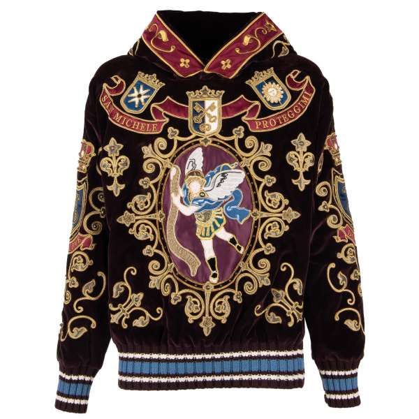 Dolce & Gabbana Velvet Hoody Sweater with San Michele Crown King Embroidery  Bordeaux Gold | FASHION ROOMS