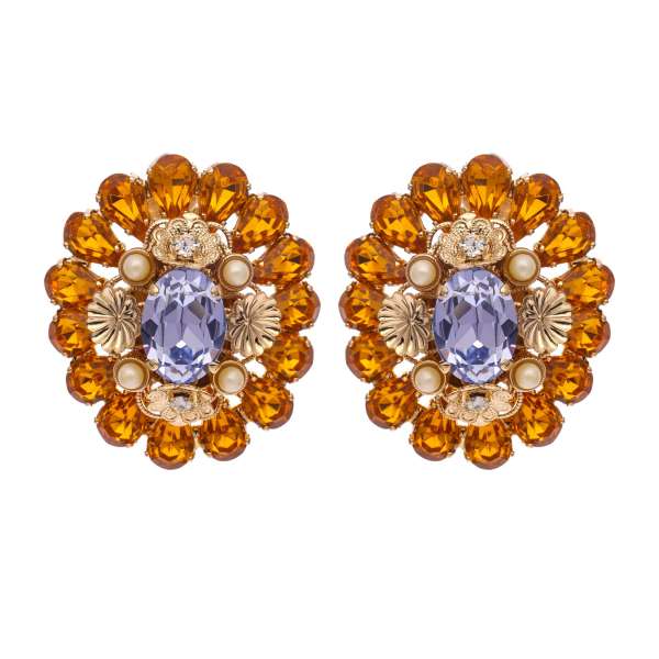 Baroque Clip Earrings with pearls and crystals in orange, purple and gold by DOLCE & GABBANA