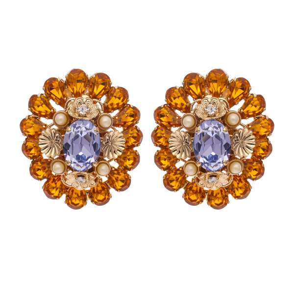 Baroque Clip Earrings with pearls and crystals in orange, purple and gold by DOLCE & GABBANA