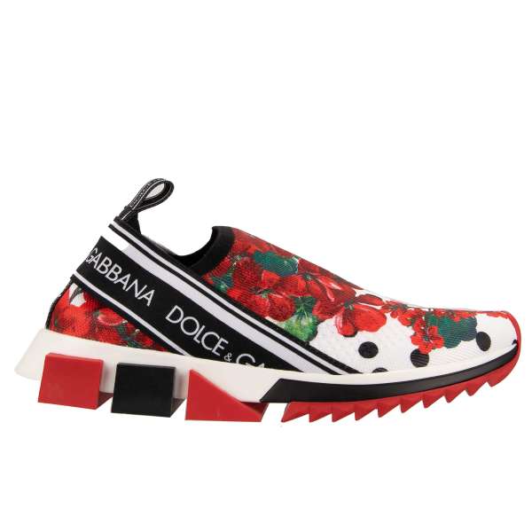 Elastische Slip-On Sneaker SORRENTO mit Logo Streifen und Geranien Print in Rot, Weiß und Schwarz von DOLCE & GABBANA