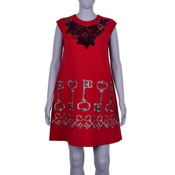 Baroque Dress with golden keys and velvet roses embroidery in red by DOLCE & GABBANA Black Label