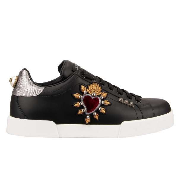 Low-Top Sneaker PORTOFINO Light with pearl logo on the back, sacred heart embroidery and studs in white and black by DOLCE & GABBANA