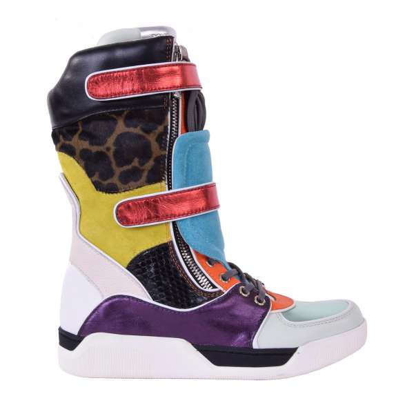 Patchwork Sneaker Stiefel aus Leder, Schlangenleder, Wildleder und Fell mit zwei Reißverschlüssen und Klettverschluss von DOLCE & GABBANA Black Label