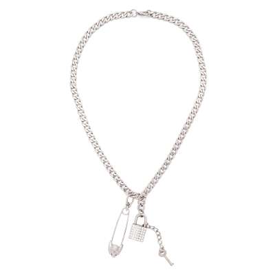 Kristall Totenkopf Pin Schloss Schlüssel Collier Kette Silber