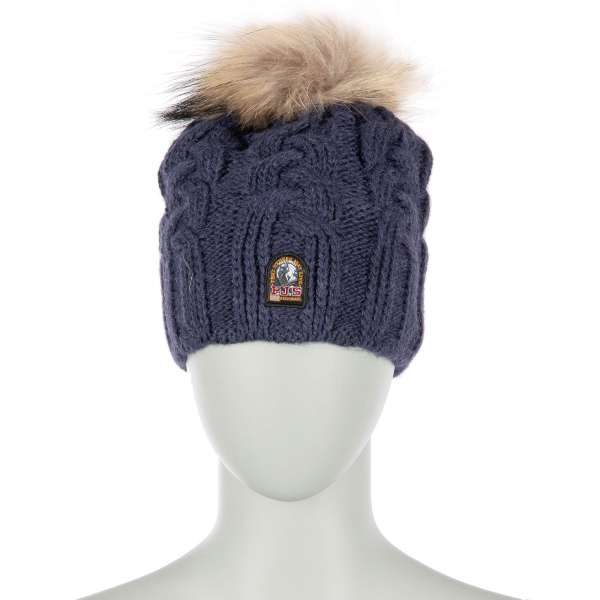 - Lined Unisex Cable Hat with detachable real fur pompom and PJS patch in navy blue by PARAJUMPERS
