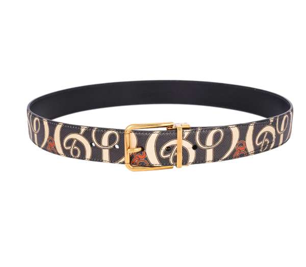Dauphine Leather belt with DG Logo pattern and metal buckle in black and gold by DOLCE & GABBANA