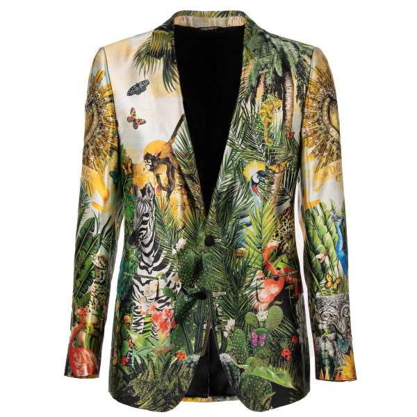 Tropical and crown print silk blend MARTINI tuxedo / blazer with peak lapel in green, white and gold by DOLCE & GABBANA
