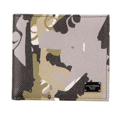 Dauphine Leder Geldbörse mit Camouflage Print und Logo Schild Grau Khaki