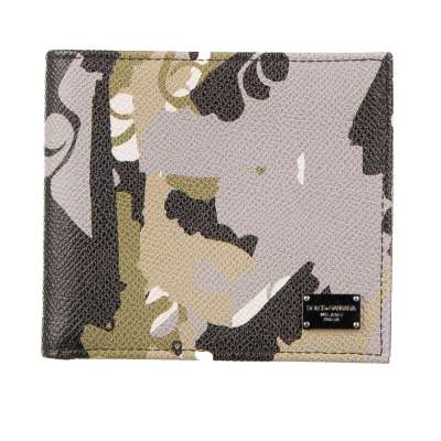Camouflage Printed Dauphine Leather Wallet with Logo Plate Gray Khaki